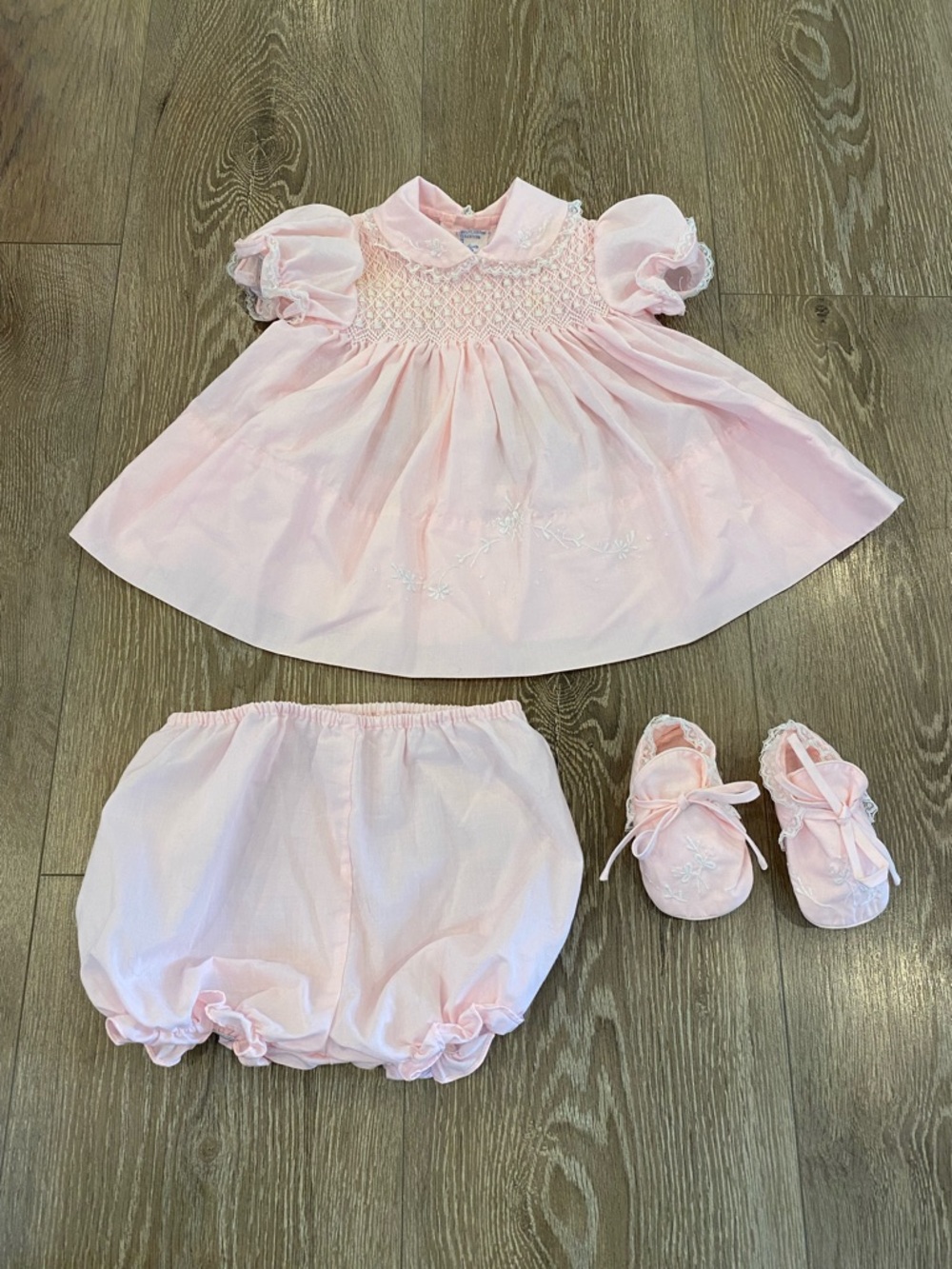 Baby Togs Vintage Pink Smocked Baby Dress Set with Bloomers & Shoes